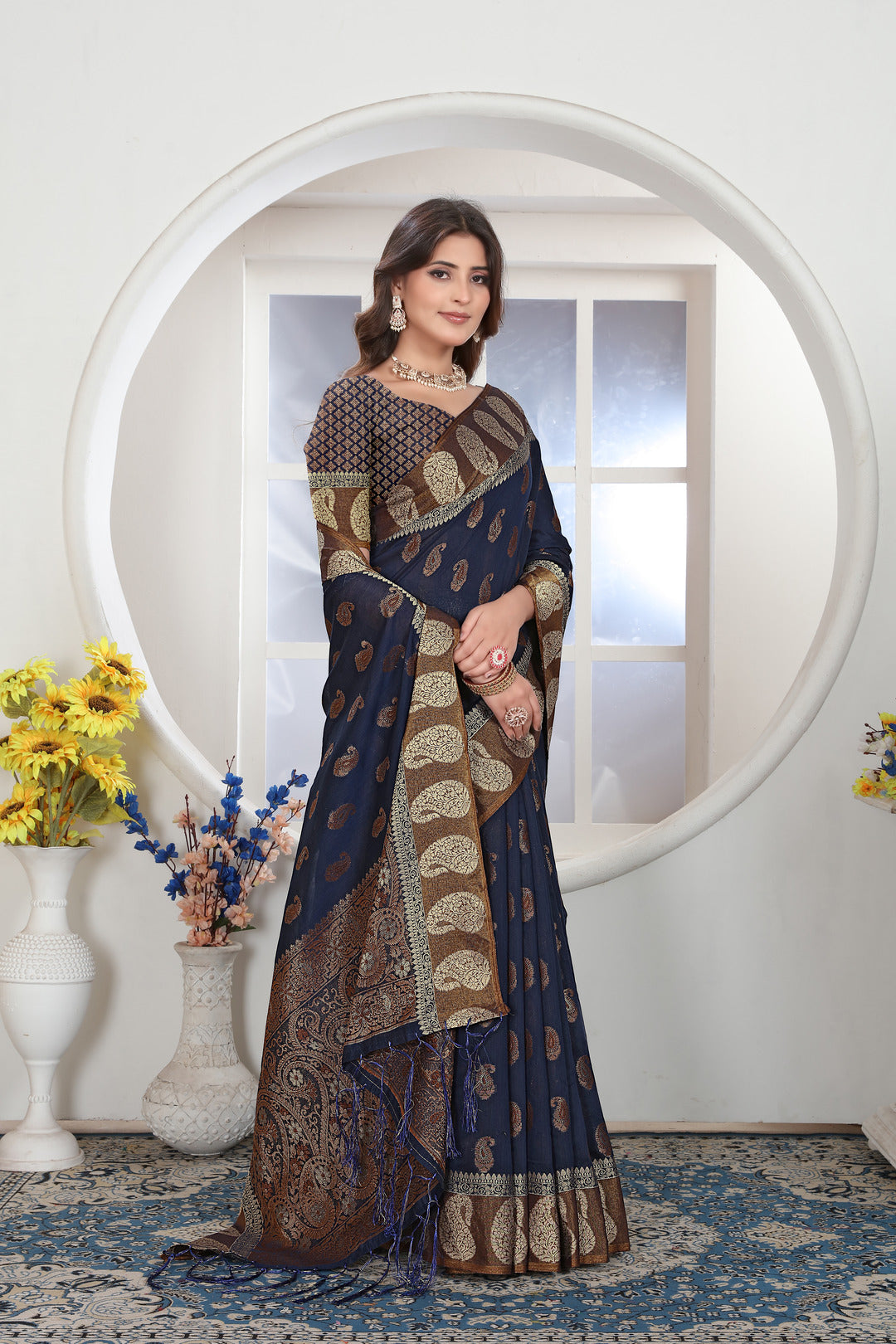 Navy Blue Zari Woven Design Chanderi Cotton Saree
