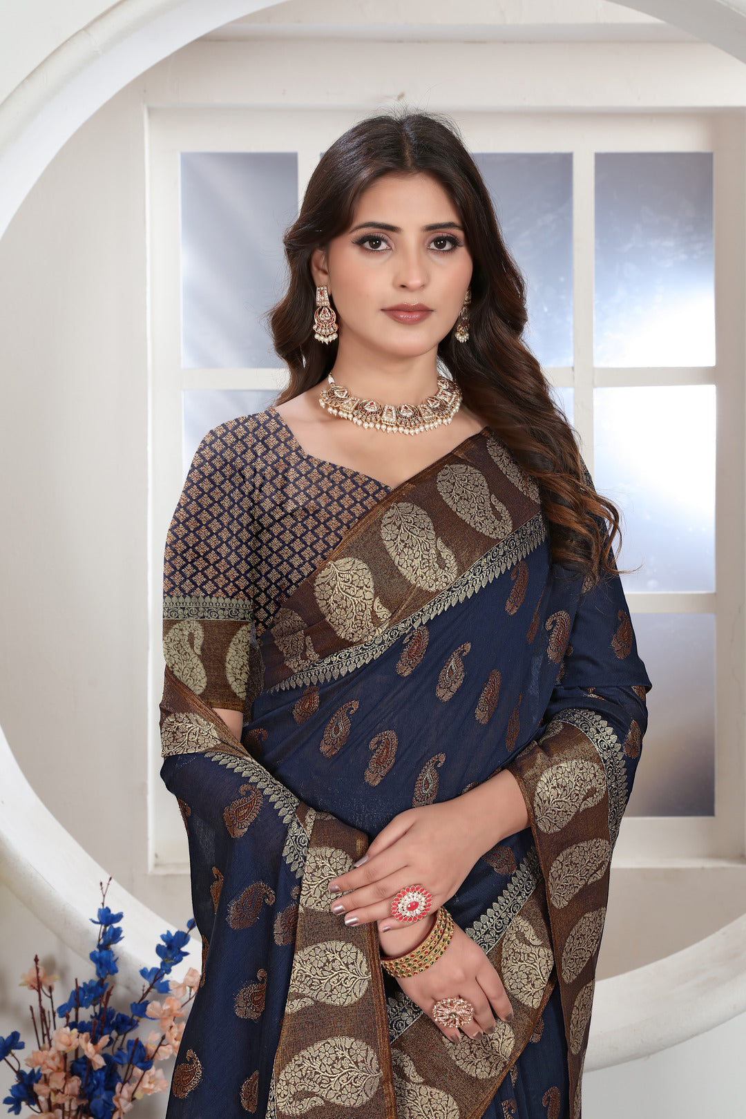 Navy Blue Zari Woven Design Chanderi Cotton Saree