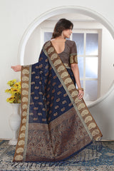 Navy Blue Zari Woven Design Chanderi Cotton Saree