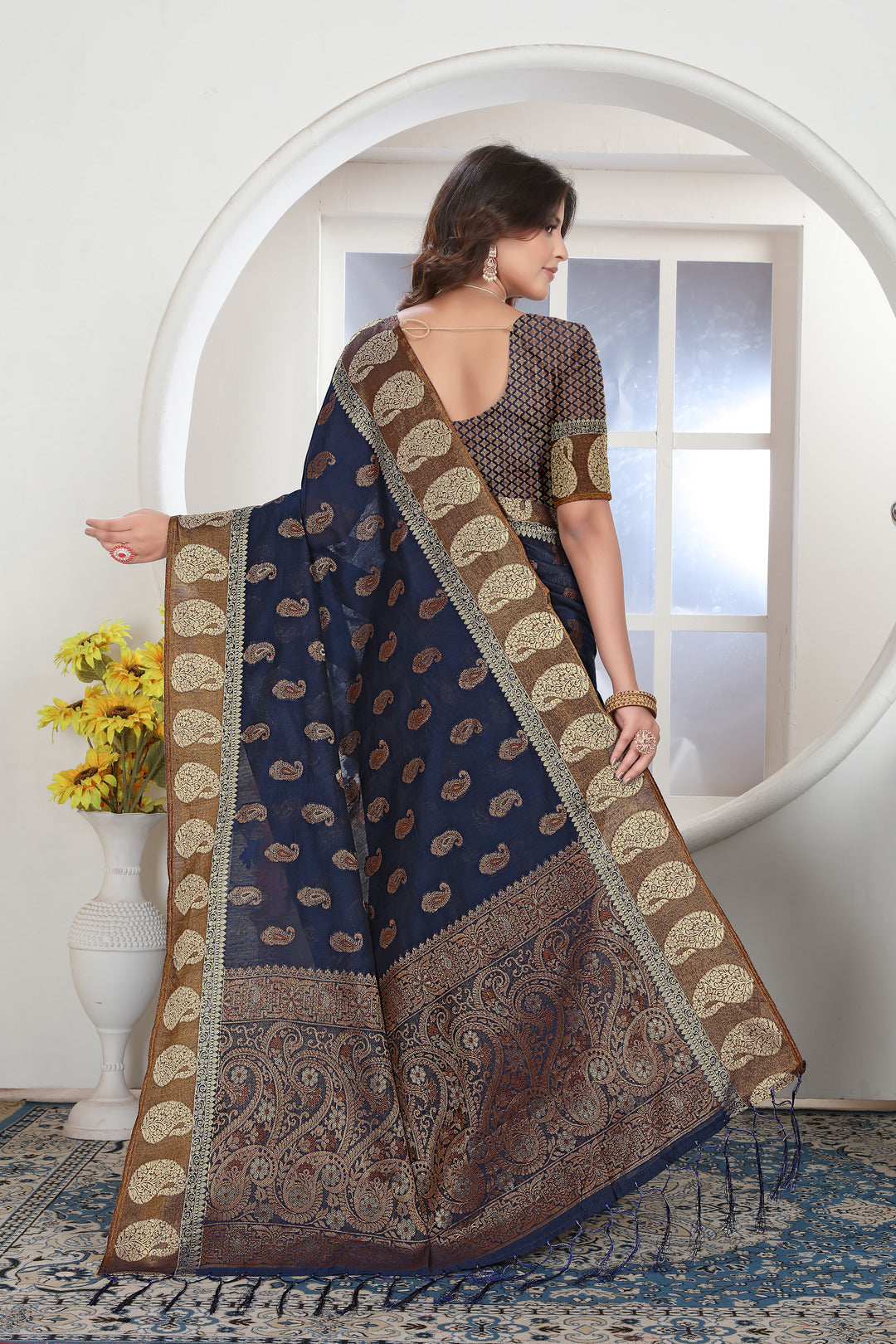 Navy Blue Zari Woven Design Chanderi Cotton Saree