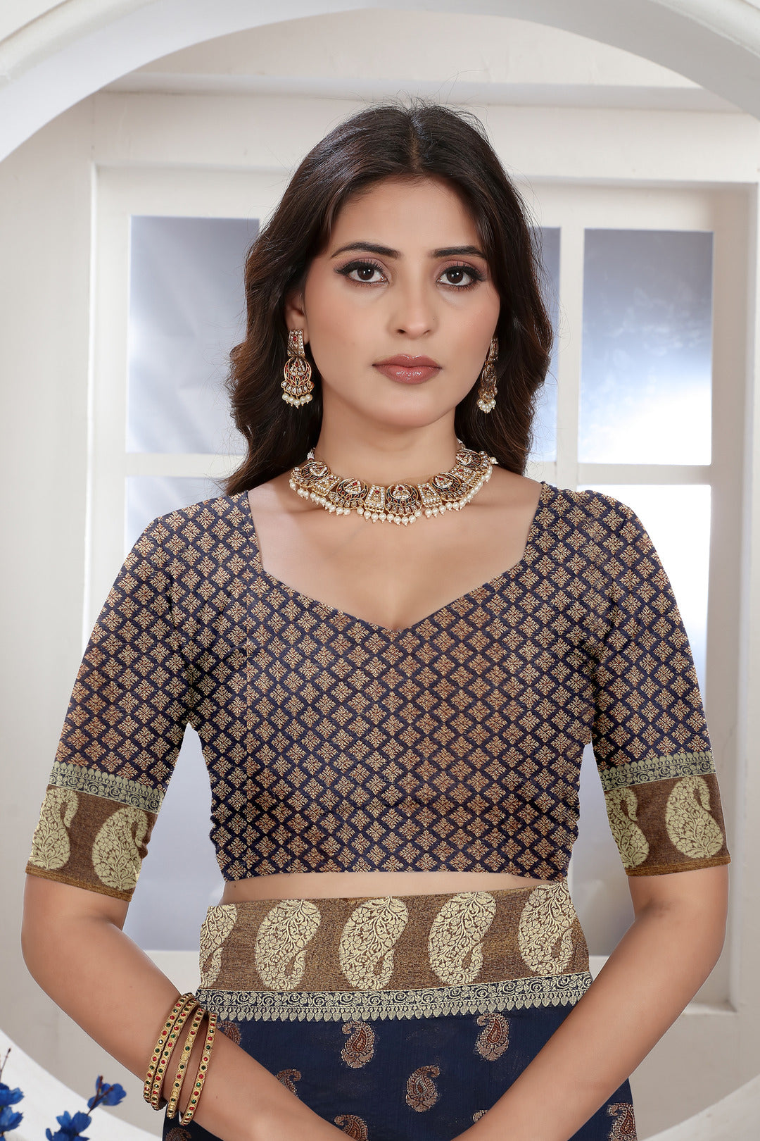 Navy Blue Zari Woven Design Chanderi Cotton Saree