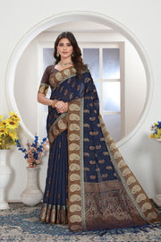 Navy Blue Zari Woven Design Chanderi Cotton Saree