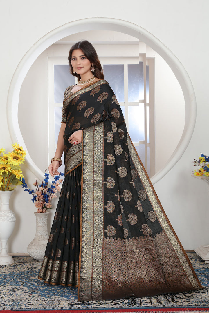 Black Zari Woven Design Chanderi Cotton Saree