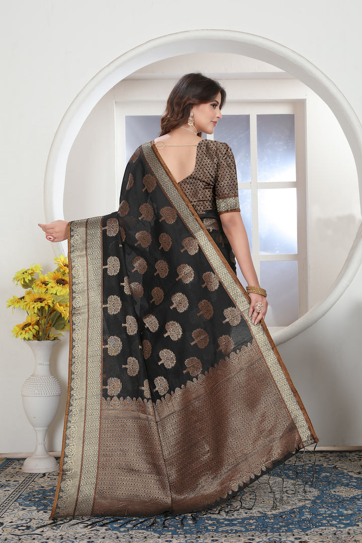 Black Zari Woven Design Chanderi Cotton Saree