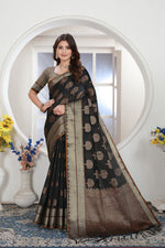 Load image into Gallery viewer, Black Zari Woven Design Chanderi Cotton Saree
