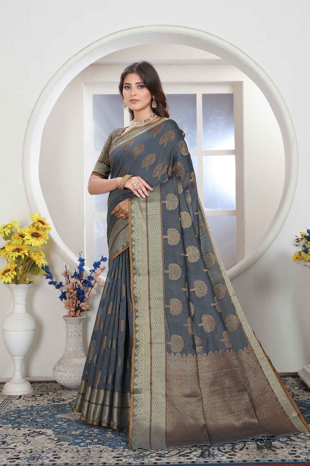 Grey Zari Woven Design Chanderi Cotton Saree
