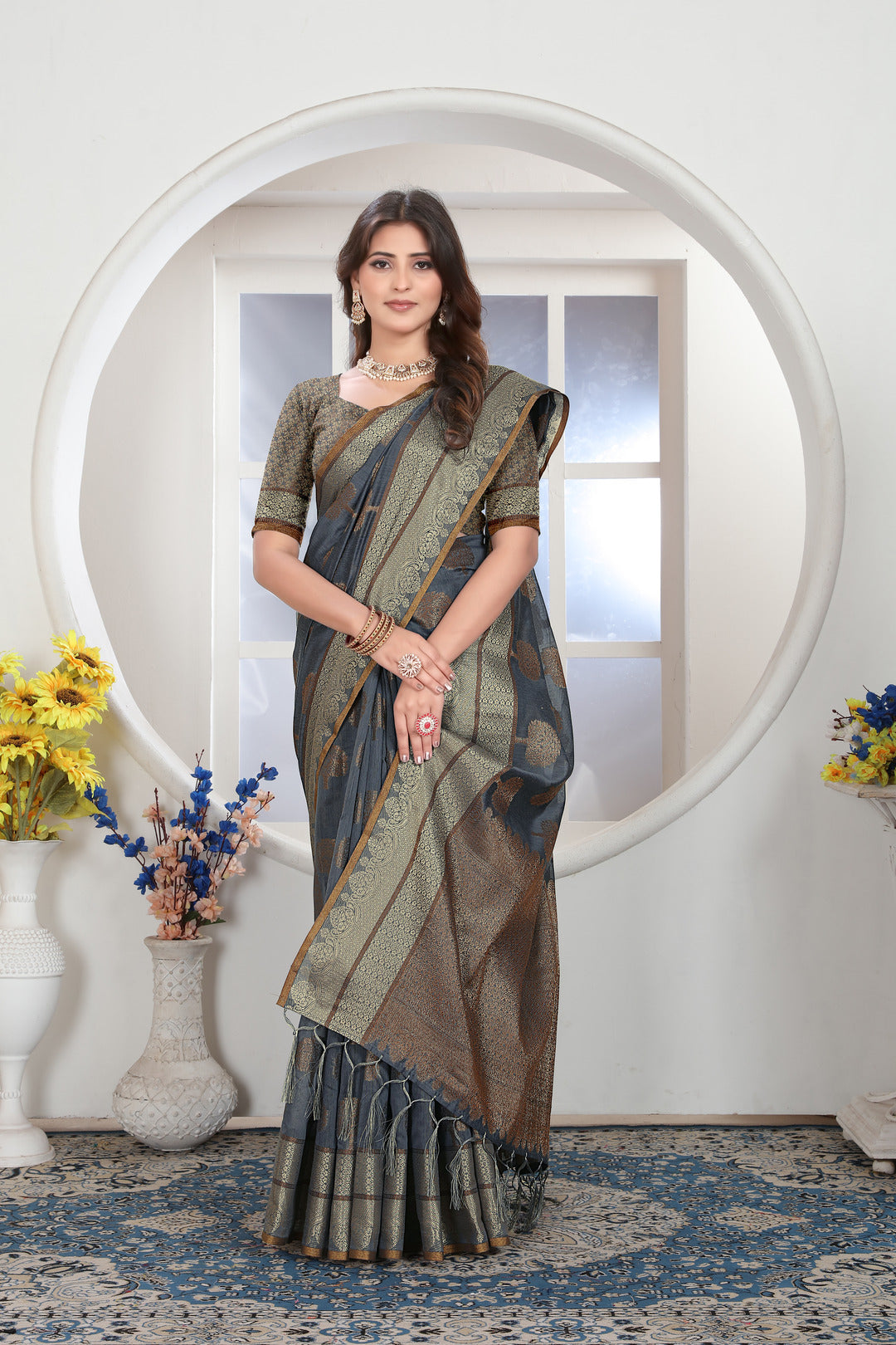Grey Zari Woven Design Chanderi Cotton Saree