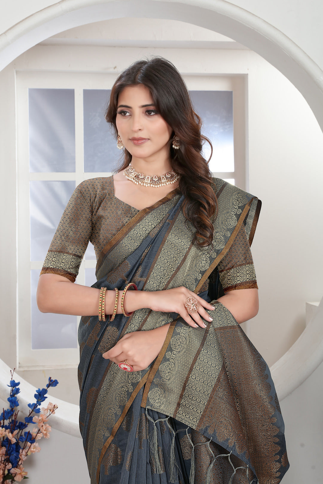 Grey Zari Woven Design Chanderi Cotton Saree
