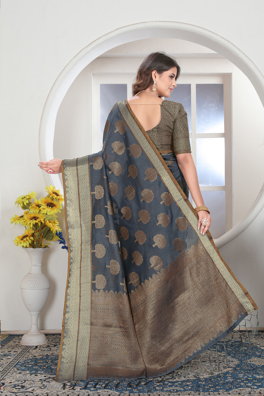Grey Zari Woven Design Chanderi Cotton Saree
