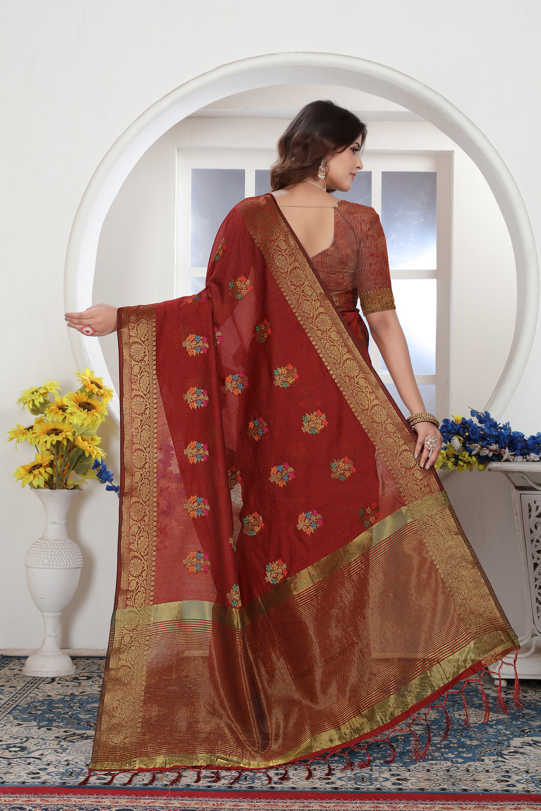 Maroon Zari Woven Design Chanderi Cotton Saree