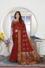 Load image into Gallery viewer, Maroon Zari Woven Design Chanderi Cotton Saree
