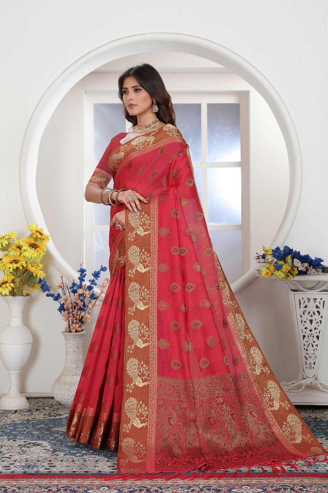 Pink Zari Woven Design Chanderi Cotton Saree