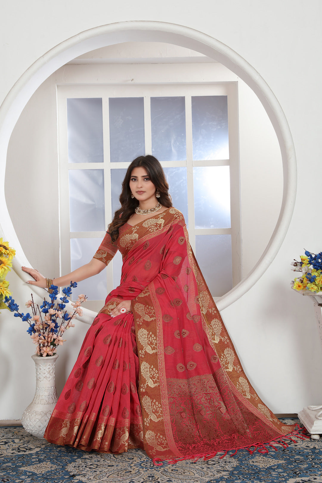 Pink Zari Woven Design Chanderi Cotton Saree