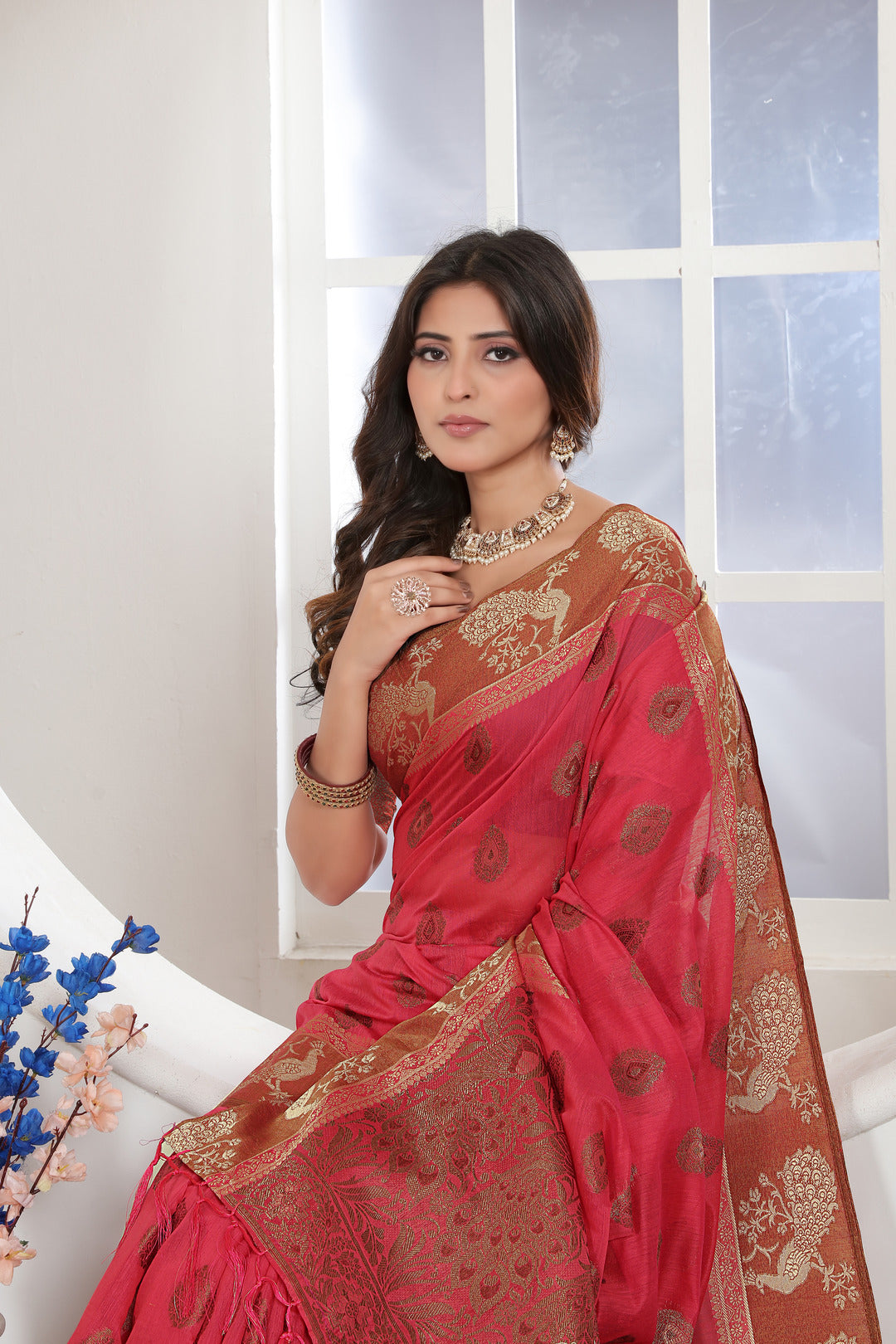 Pink Zari Woven Design Chanderi Cotton Saree