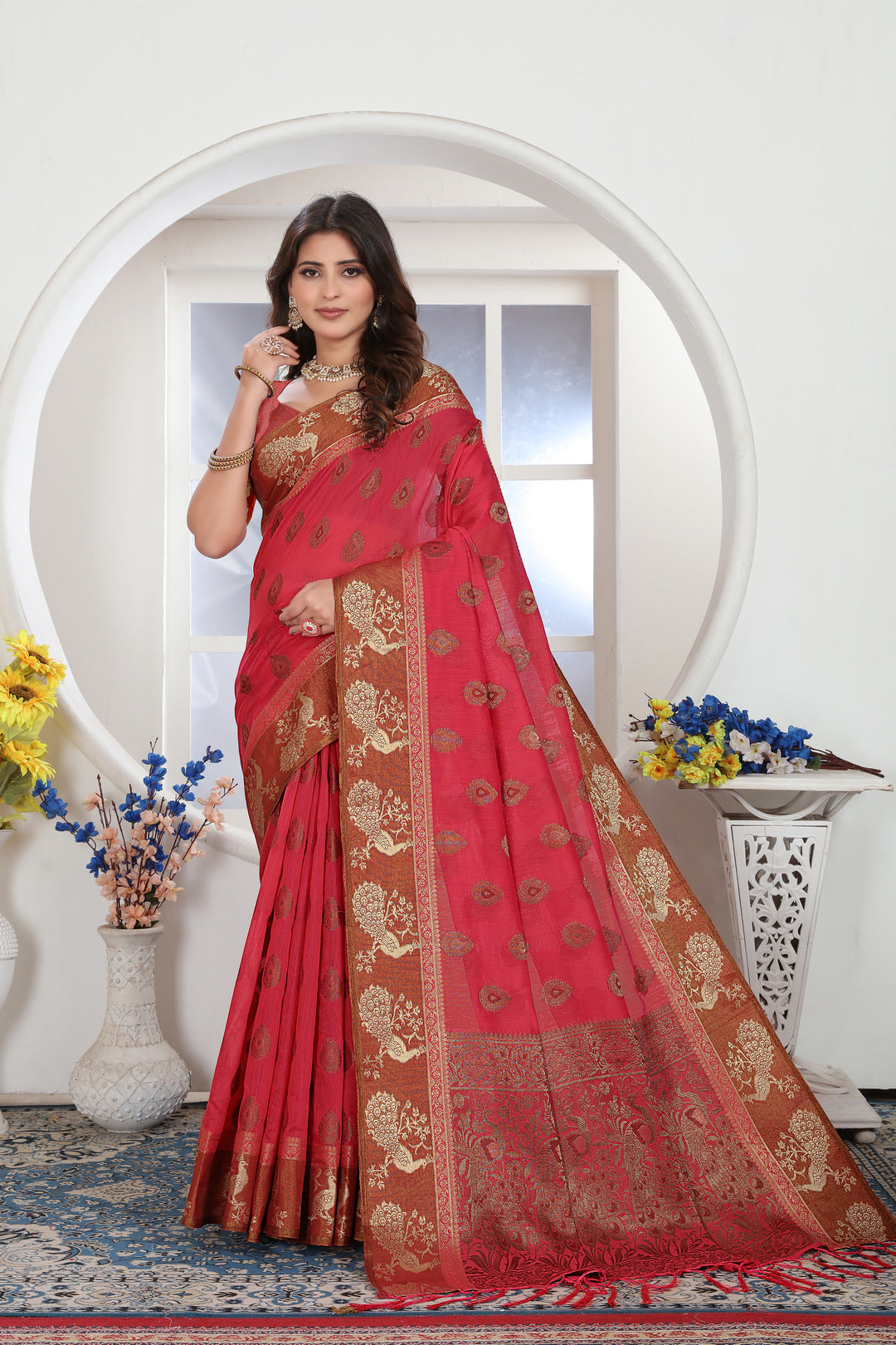 Pink Zari Woven Design Chanderi Cotton Saree