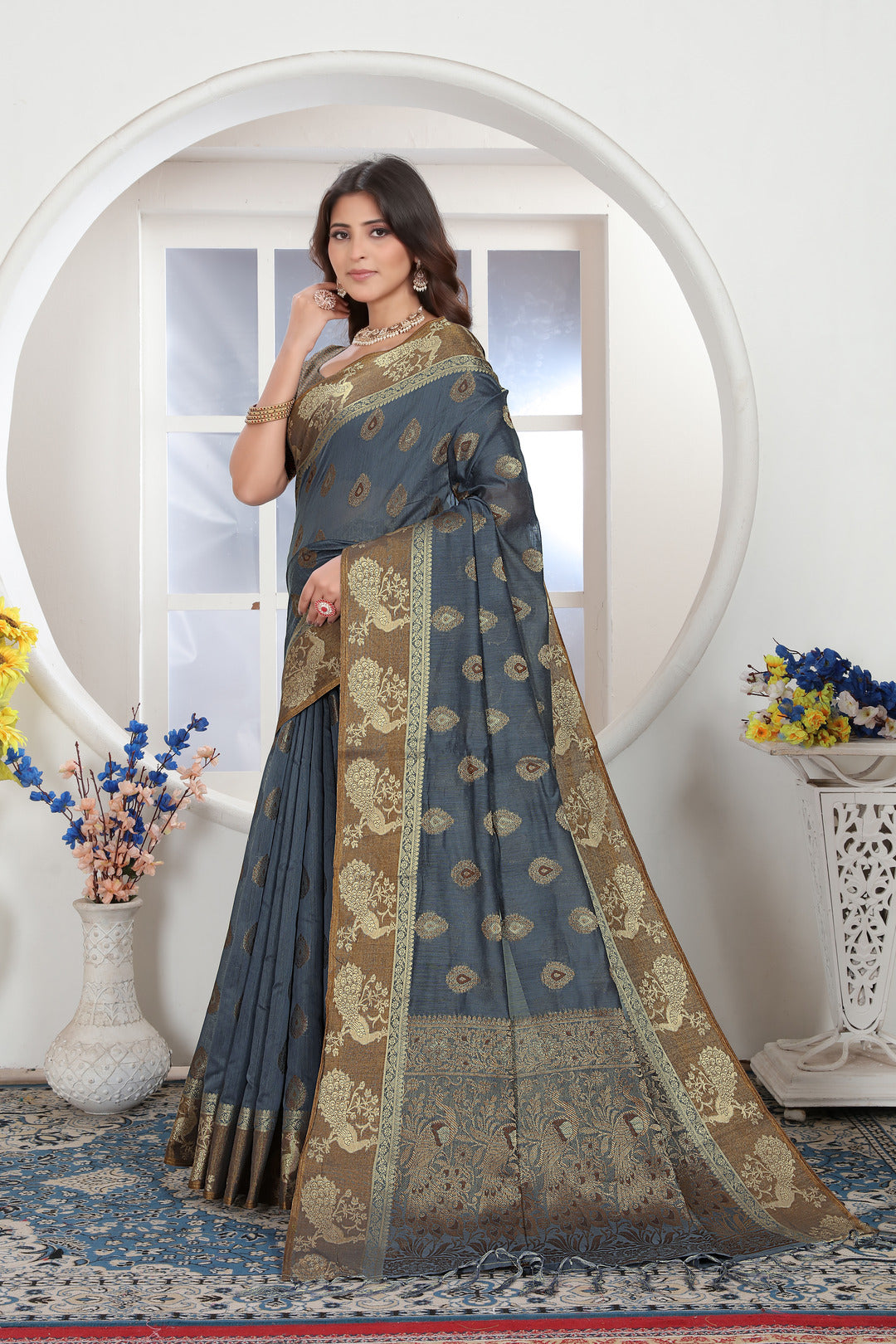 Grey Zari Woven Design Chanderi Cotton Saree