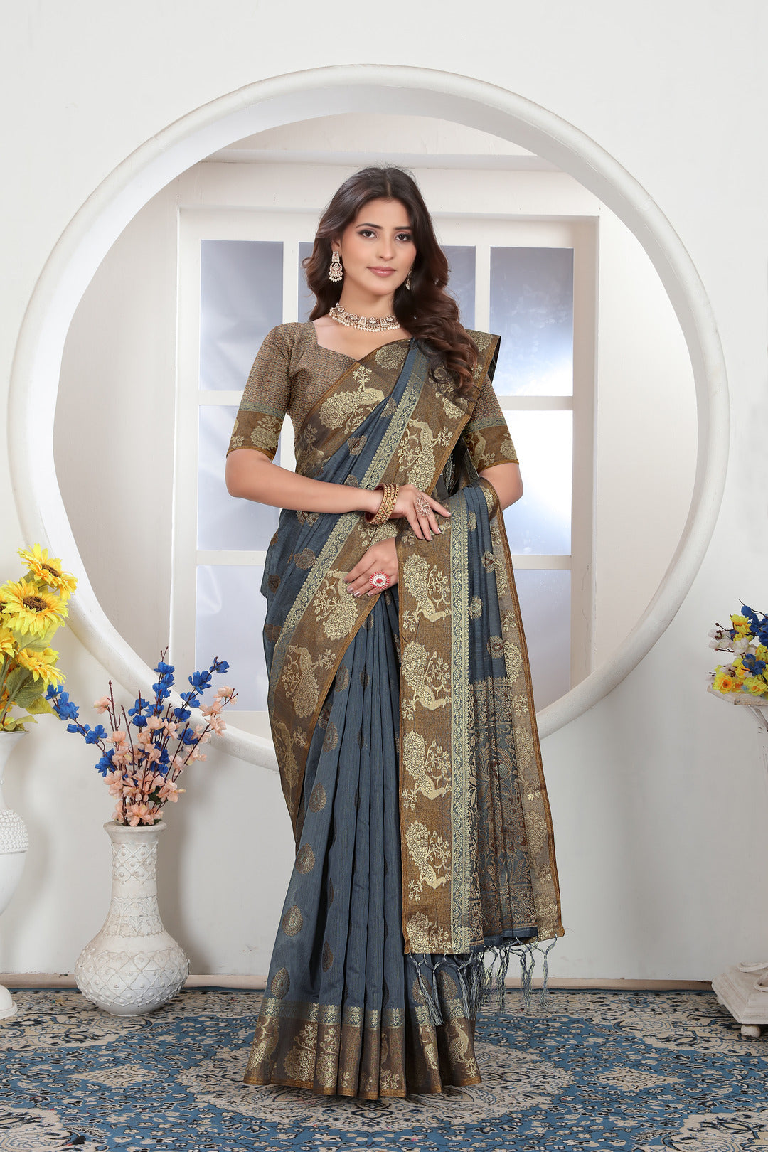 Grey Zari Woven Design Chanderi Cotton Saree