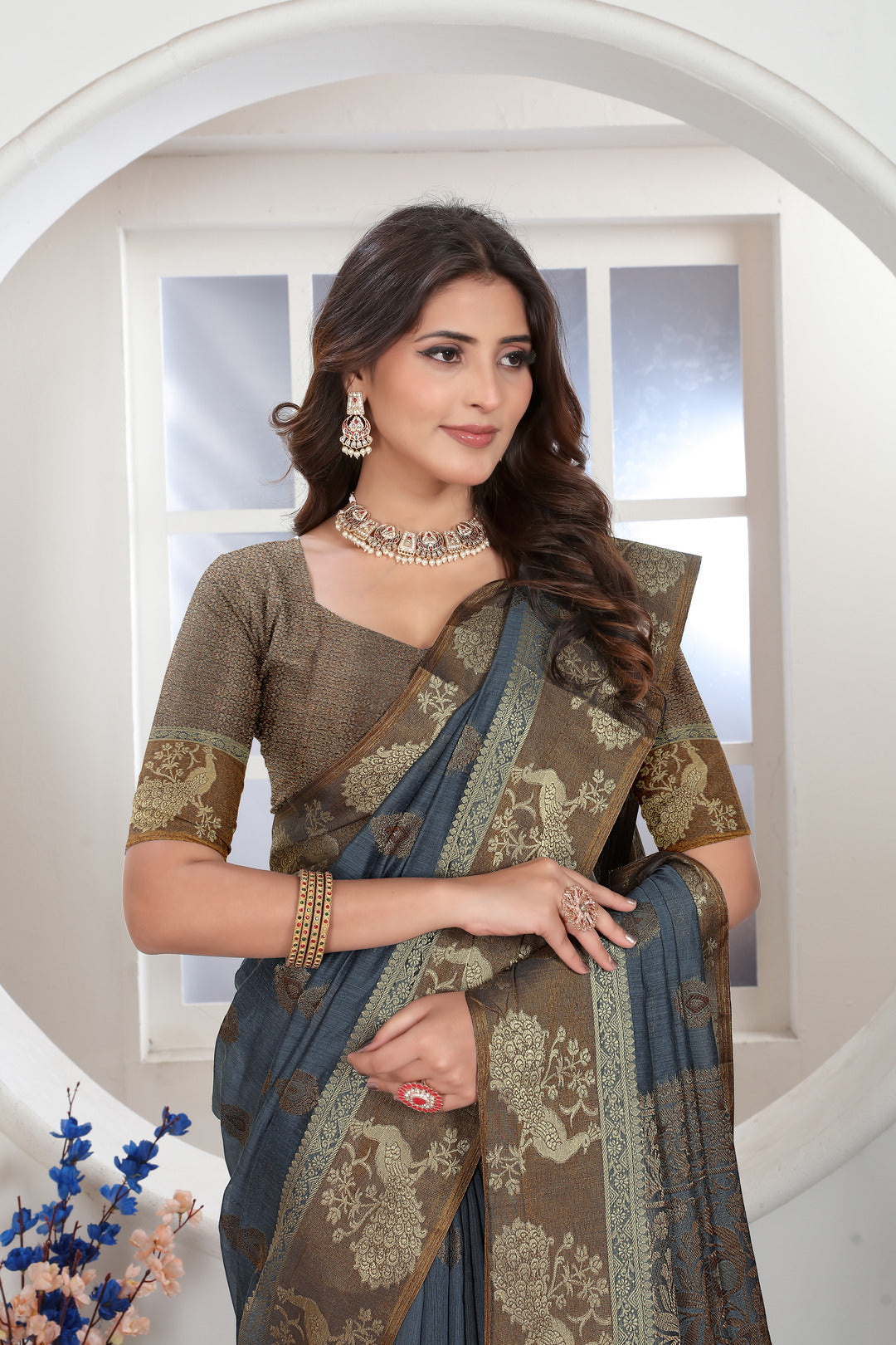 Grey Zari Woven Design Chanderi Cotton Saree