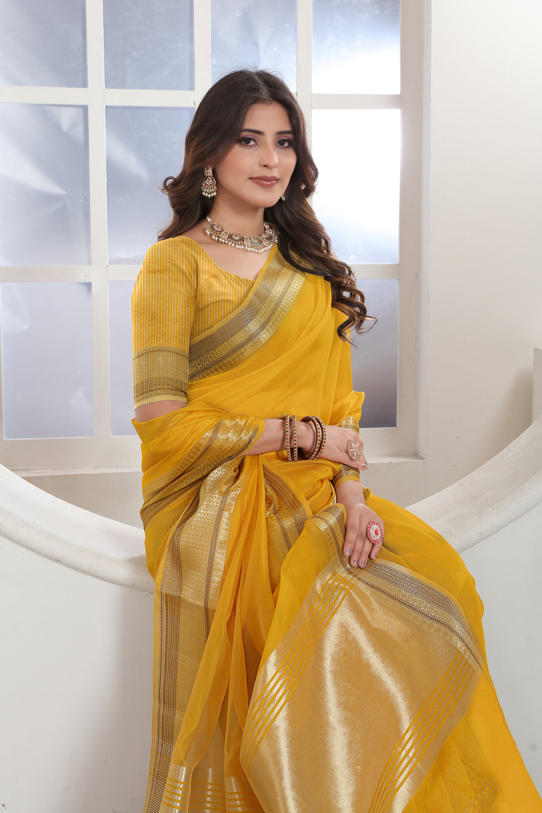 Yellow Solid Zari Design Organza Saree