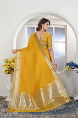 Yellow Solid Zari Design Organza Saree