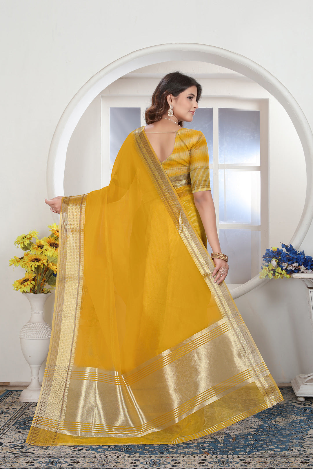 Yellow Solid Zari Design Organza Saree