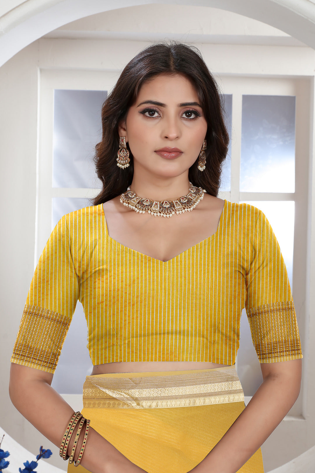 Yellow Solid Zari Design Organza Saree