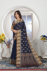 Navy Blue Zari Woven Design Chanderi Cotton Saree