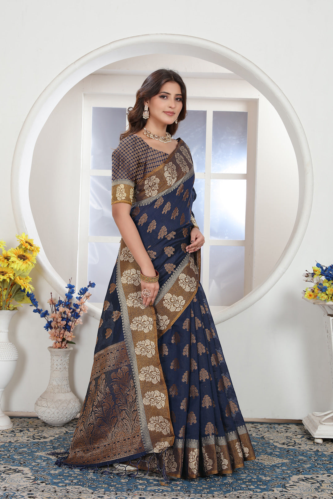 Navy Blue Zari Woven Design Chanderi Cotton Saree