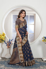 Navy Blue Zari Woven Design Chanderi Cotton Saree