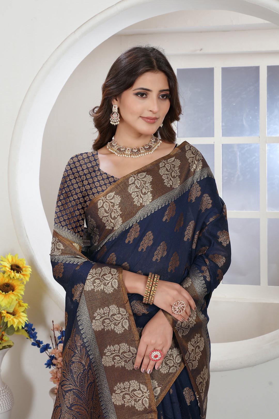 Navy Blue Zari Woven Design Chanderi Cotton Saree