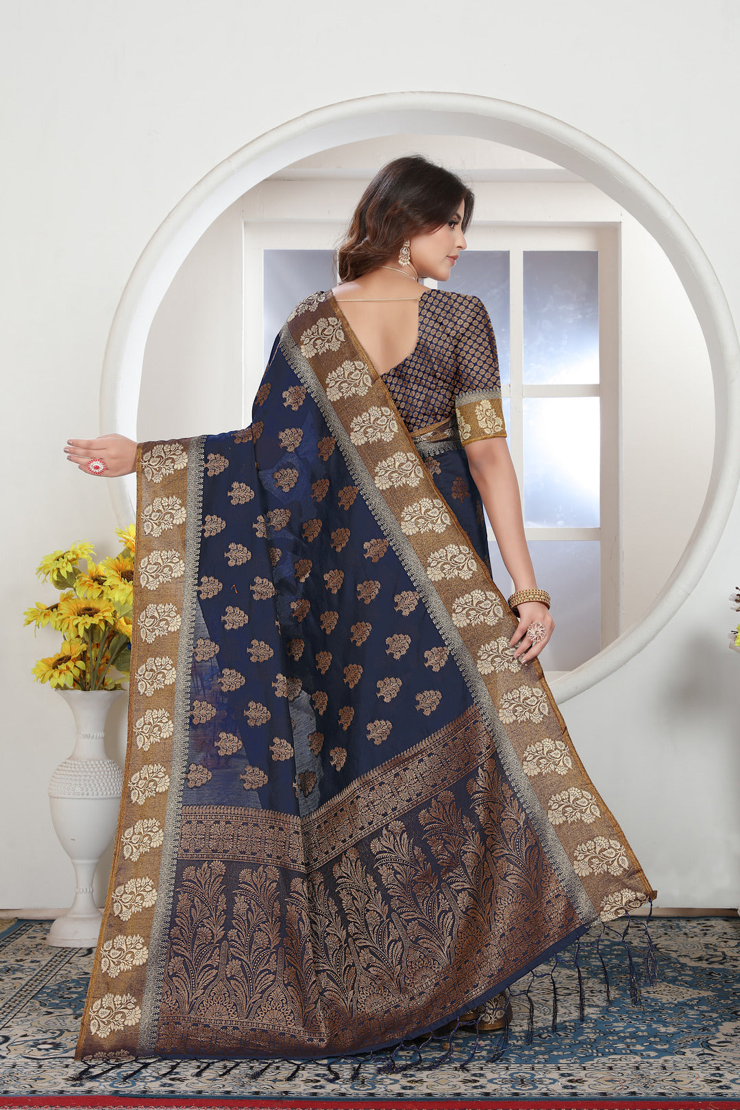 Navy Blue Zari Woven Design Chanderi Cotton Saree