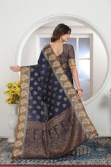 Navy Blue Zari Woven Design Chanderi Cotton Saree
