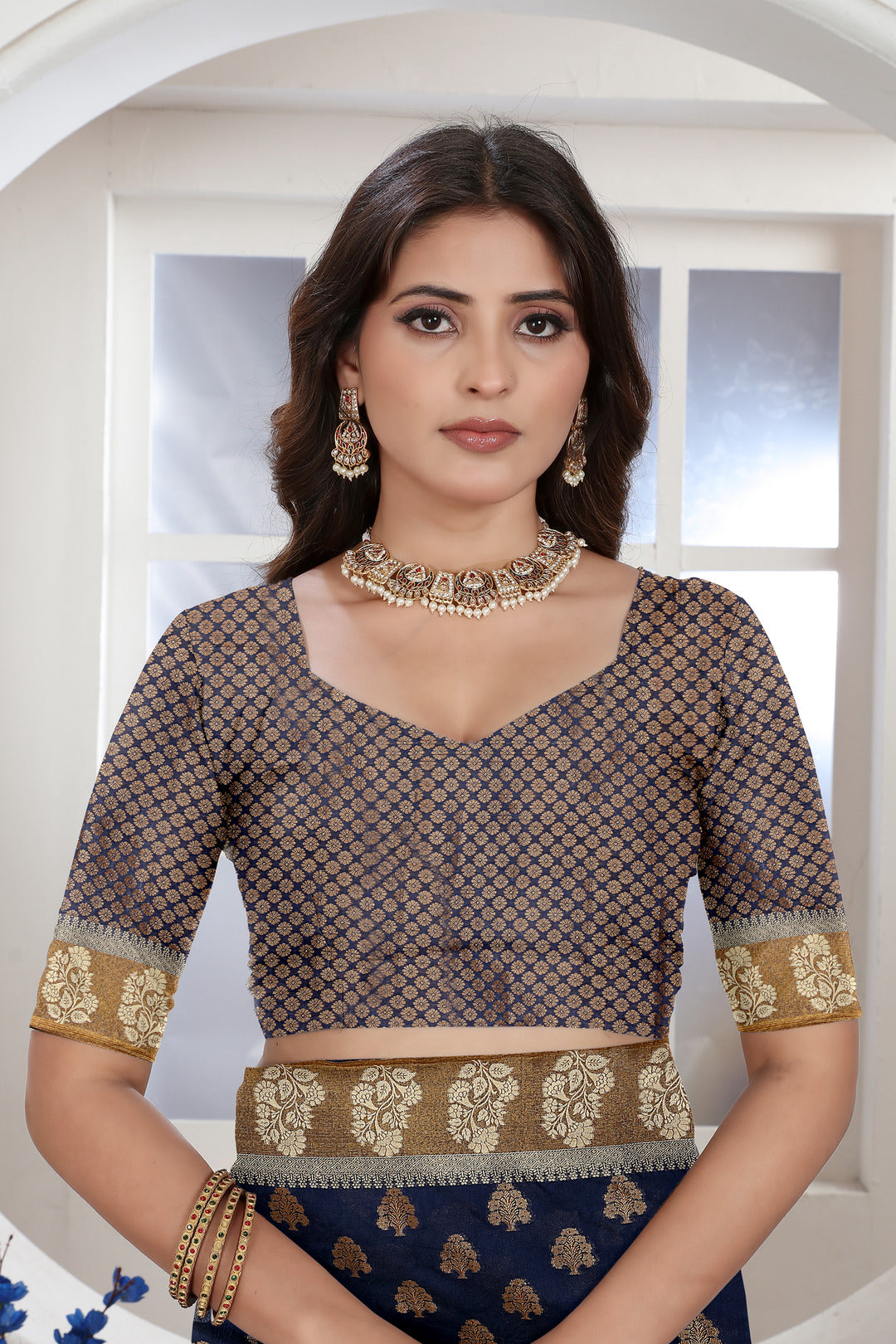 Navy Blue Zari Woven Design Chanderi Cotton Saree