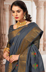 Load image into Gallery viewer, Radhika Charcoal Grey Zari Woven Design Chanderi Cotton Saree
