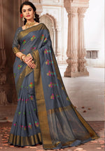 Load image into Gallery viewer, Radhika Charcoal Grey Zari Woven Design Chanderi Cotton Saree
