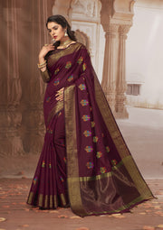 Radhika Dark Chocolate Maroon Zari Woven Design Chanderi Cotton Saree