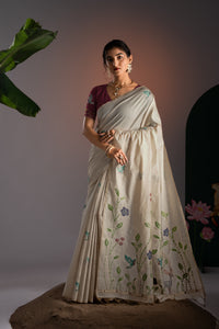 Rahi Beige & Wine Viscose Cotton Saree With Unstitched Blouse Piece