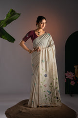 Rahi Beige & Wine Viscose Cotton Saree With Unstitched Blouse Piece
