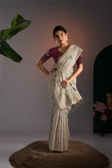 Rahi Beige & Wine Viscose Cotton Saree With Unstitched Blouse Piece