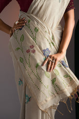 Rahi Beige & Wine Viscose Cotton Saree With Unstitched Blouse Piece