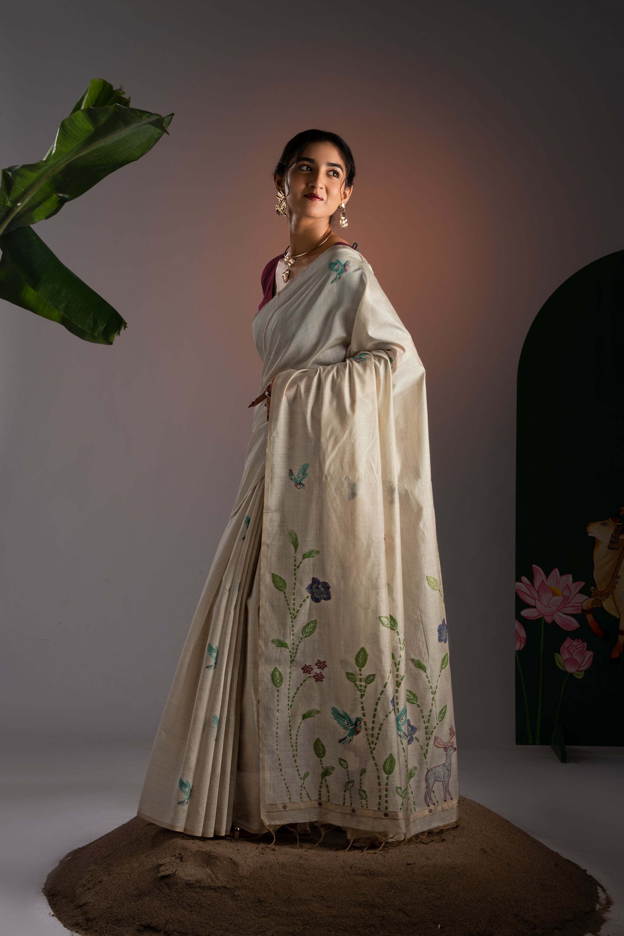 Rahi Beige & Wine Viscose Cotton Saree With Unstitched Blouse Piece