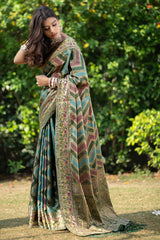 Rangkat Pickle Green Leheriya Design Banarasi Organza Saree