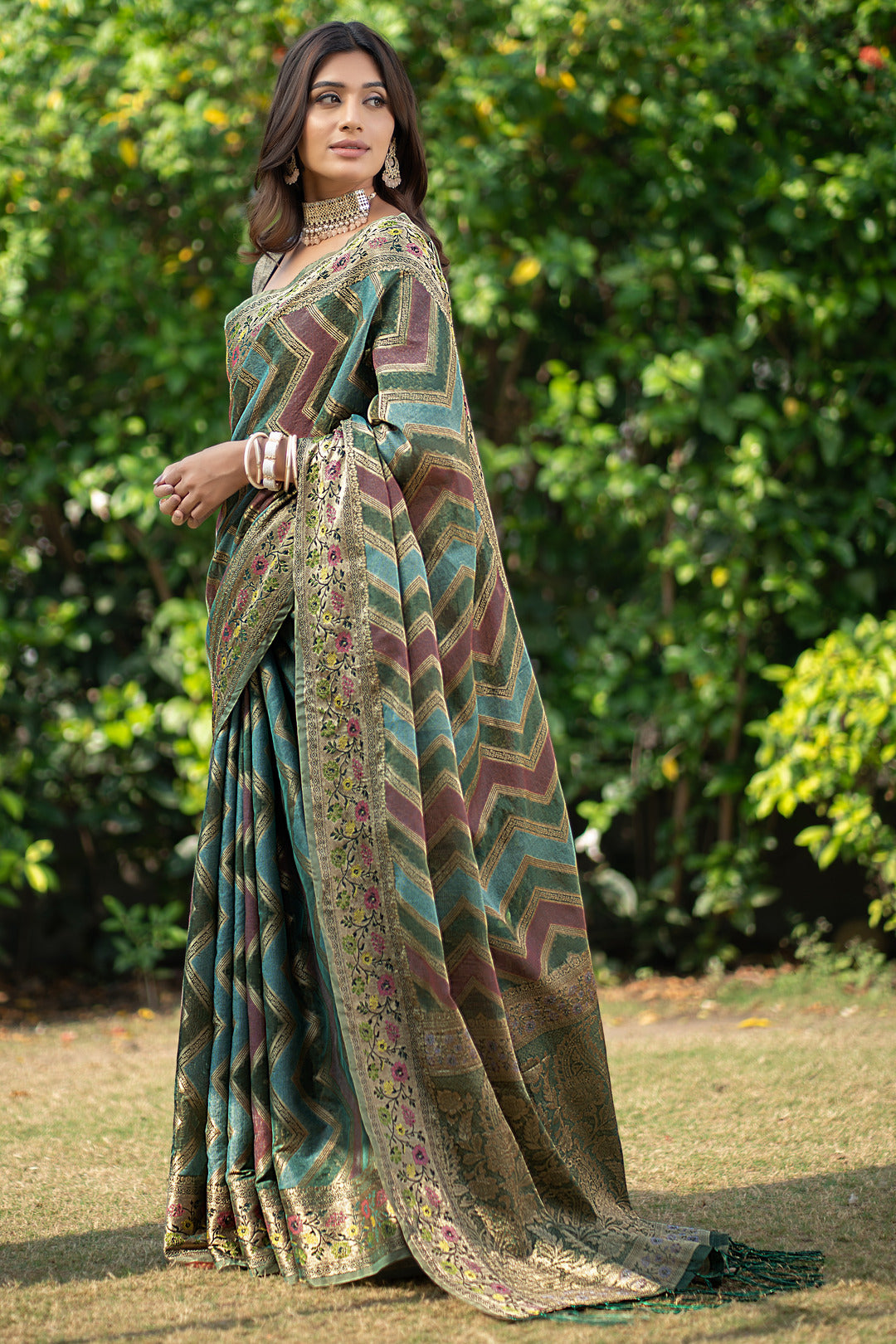 Rangkat Pickle Green Leheriya Design Banarasi Organza Saree