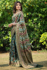 Rangkat Pickle Green Leheriya Design Banarasi Organza Saree