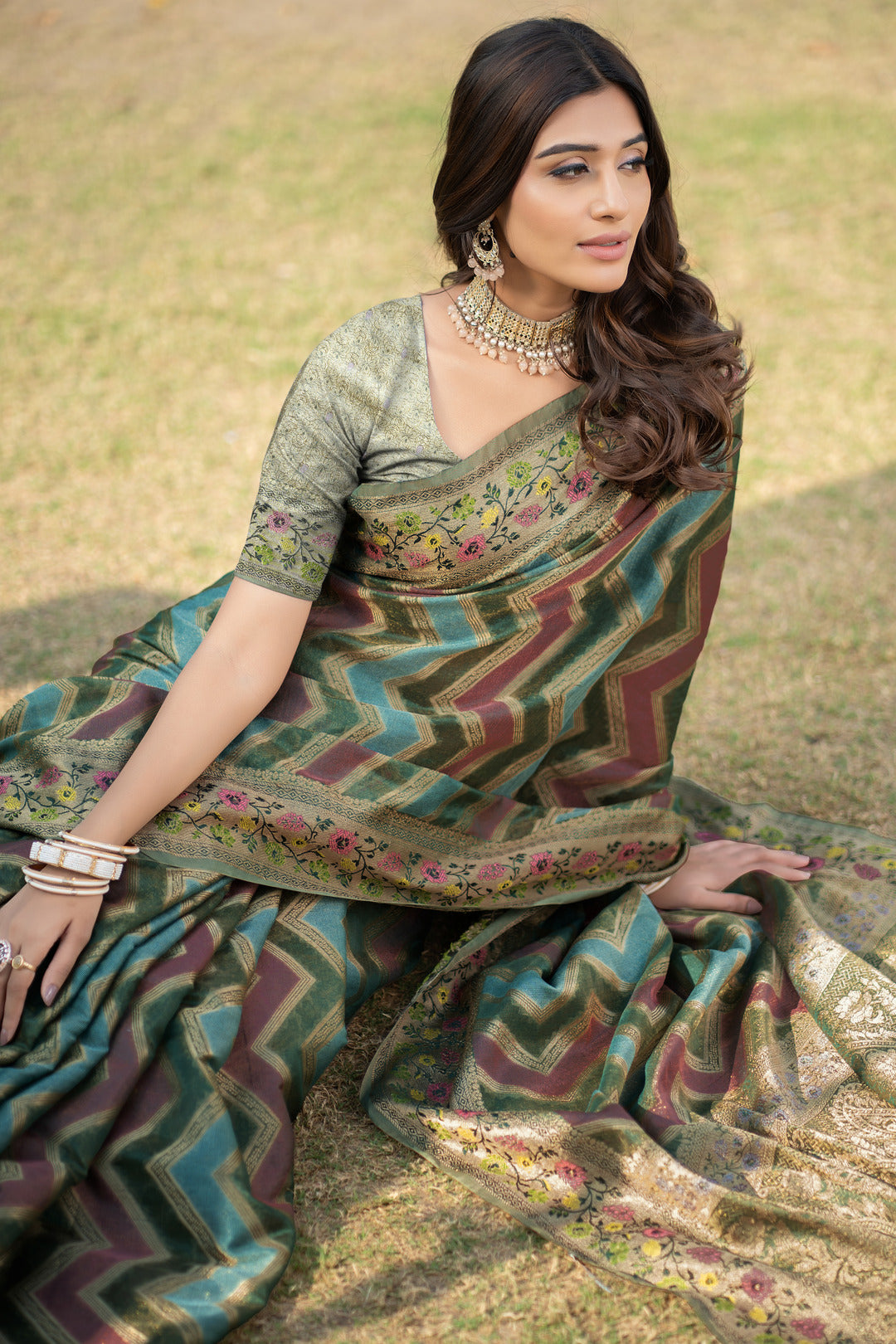 Rangkat Pickle Green Leheriya Design Banarasi Organza Saree