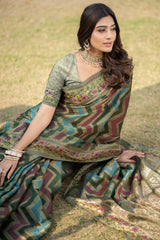 Rangkat Pickle Green Leheriya Design Banarasi Organza Saree