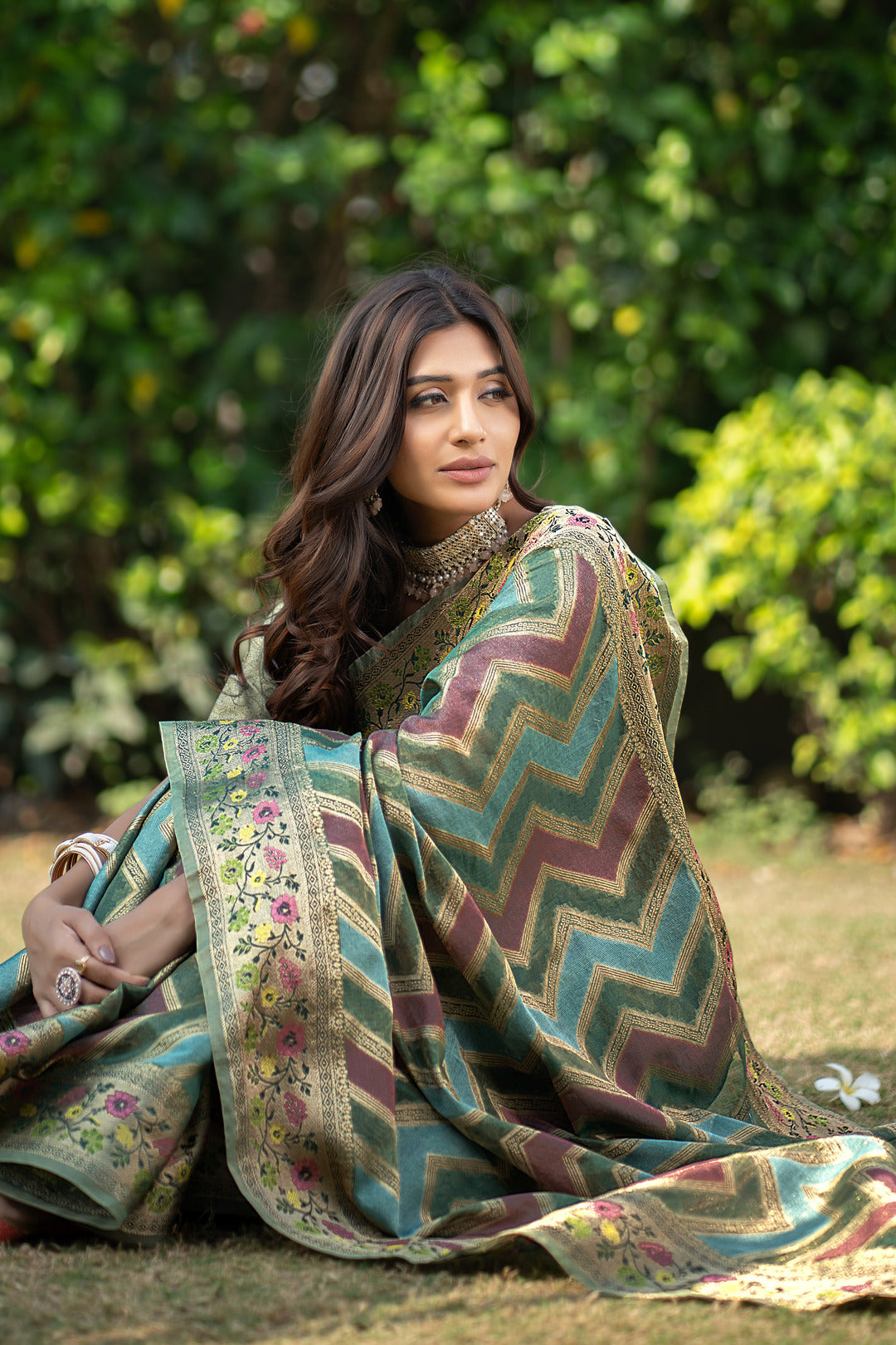 Rangkat Pickle Green Leheriya Design Banarasi Organza Saree