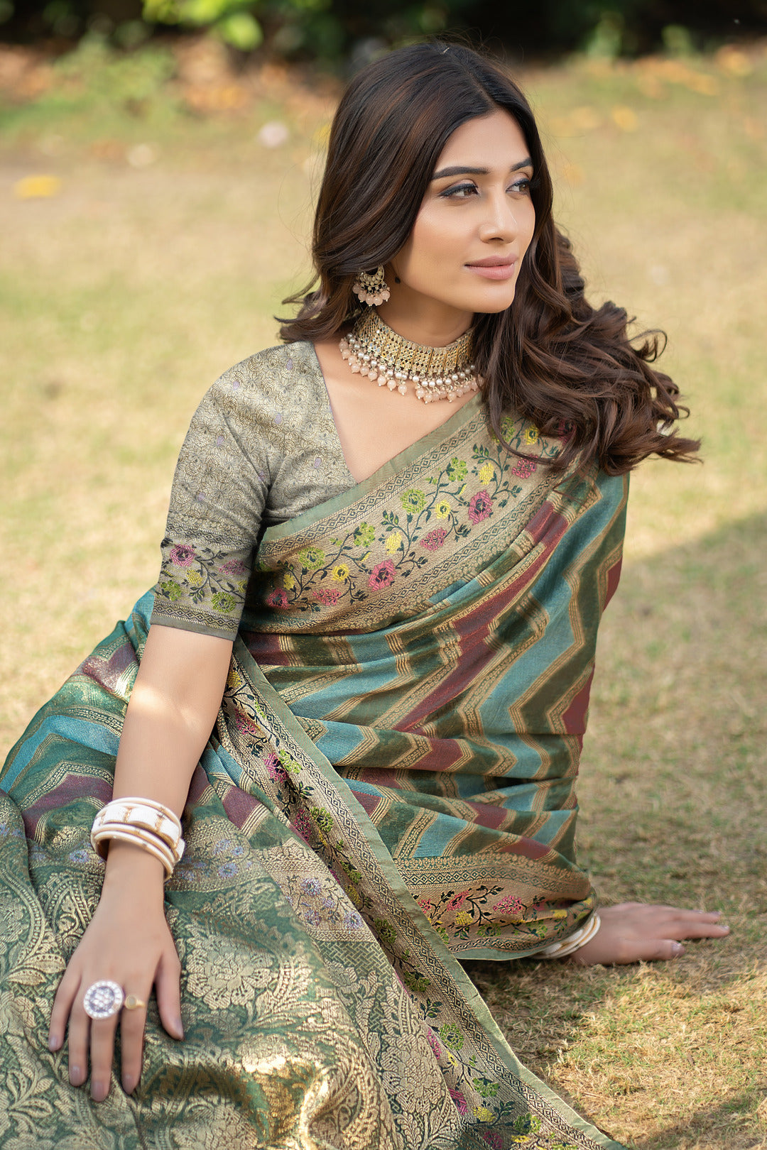 Rangkat Pickle Green Leheriya Design Banarasi Organza Saree