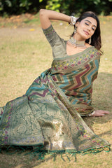 Rangkat Pickle Green Leheriya Design Banarasi Organza Saree