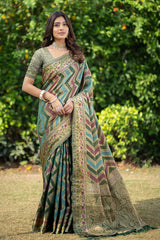 Rangkat Pickle Green Leheriya Design Banarasi Organza Saree